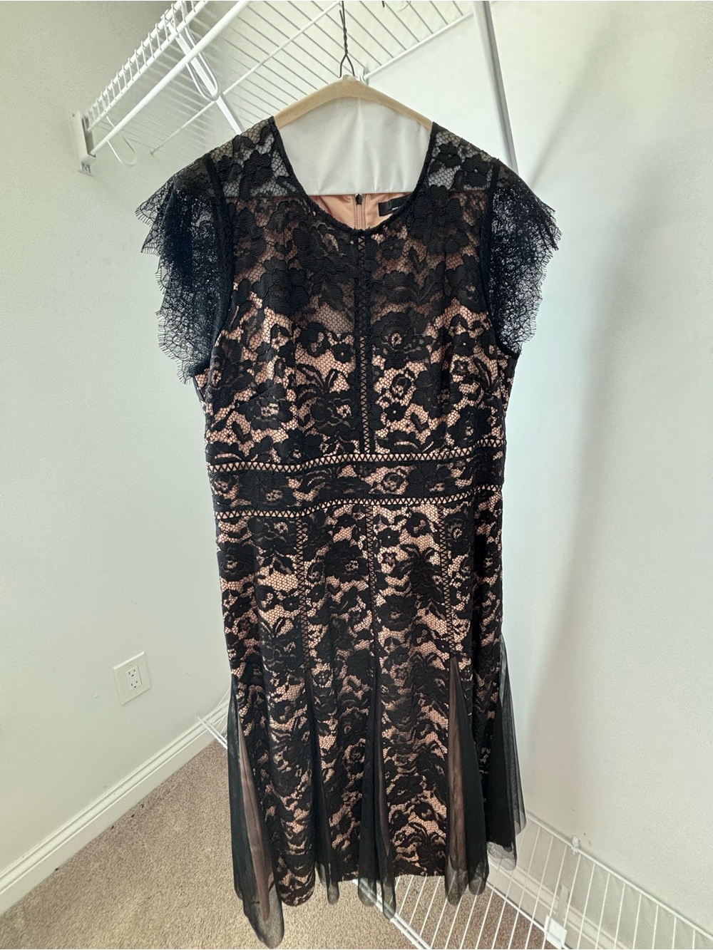 White House Black Market Black Lace Midi Dress with Nude Underlay - Picture 2 of 6